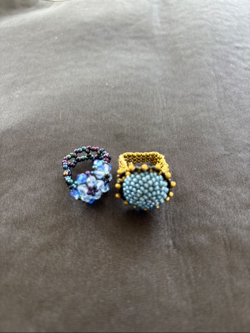 Handmade Beaded Ring with Blue Bead Center and Gold Band